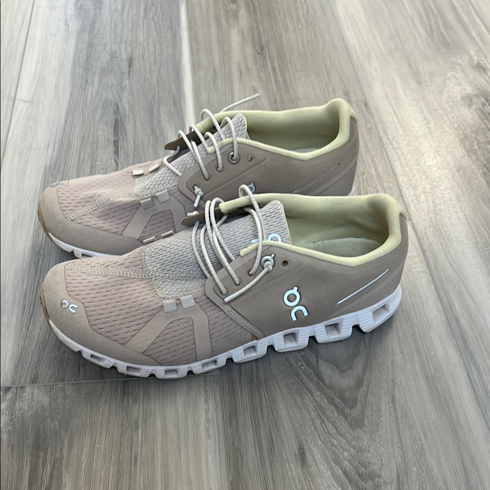 On Running Taupe and White Sneakers